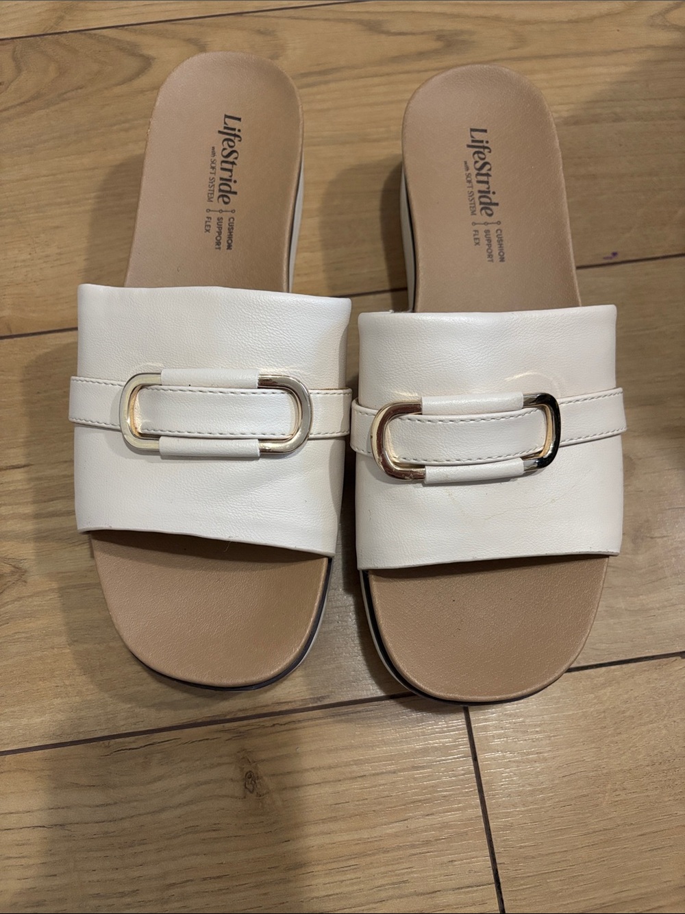 Life Stride White Slide Mules with Gold Accent Buckle